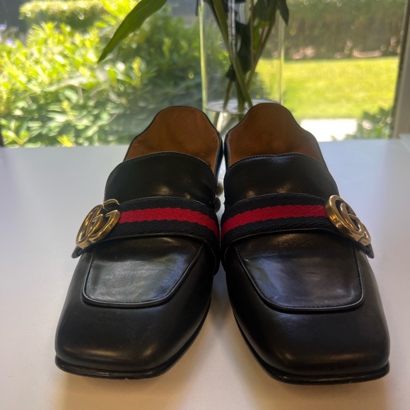 Gucci Black Leather Peyton Pearl Loafer Heel GG Marmont - Picture 2 of 13